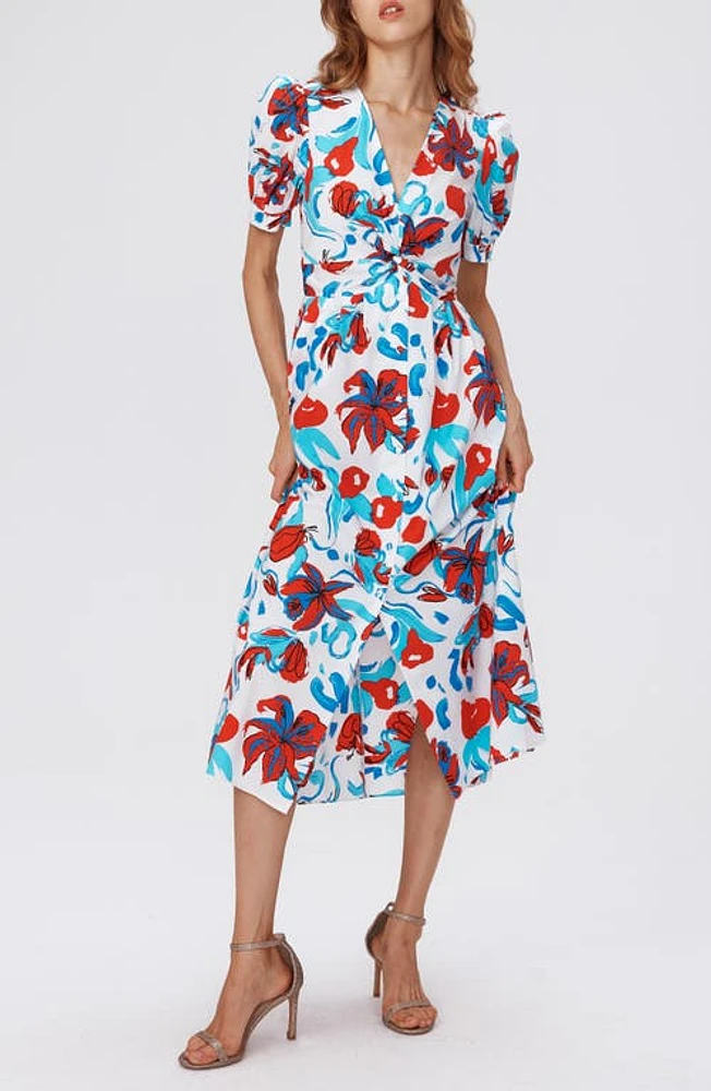 Diane von Furstenberg Heather Floral Puff Sleeve Midi Dress Brush Red at Nordstrom,