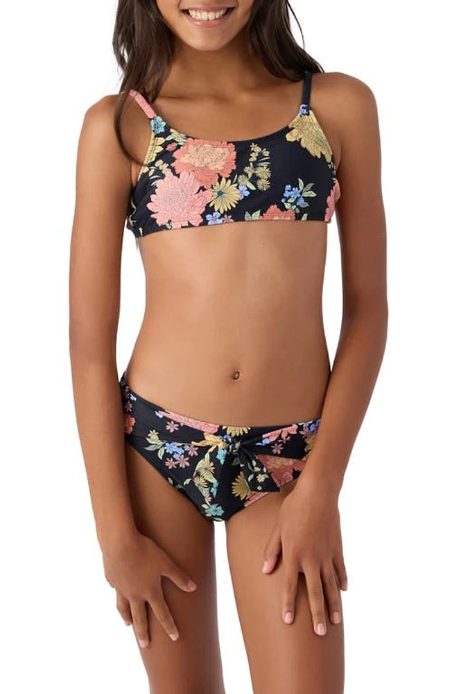 O'Neill Kids' Kali Floral Tie Back Two-Piece Swimsuit Black at Nordstrom,