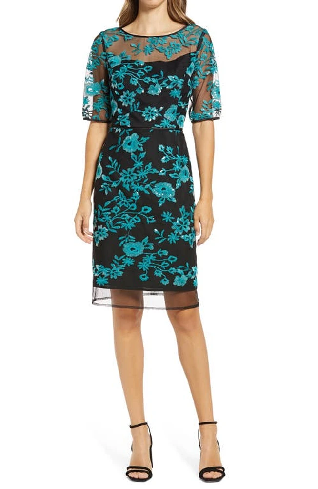 Shani Sequin Floral Embroidered Sheath Dress Black/Teal at Nordstrom,