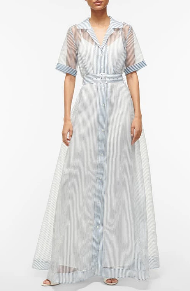 STAUD Stripe Short Sleeve Maxi Shirtdress Ivory Micro at Nordstrom,