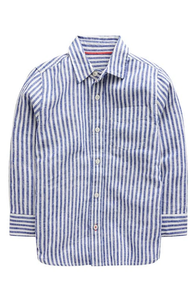 Mini Boden Kids' Stripe Linen & Cotton Button-Up Shirt College Navy /Ivory at Nordstrom,