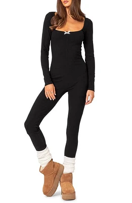 EDIKTED Cloud 9 Long Sleeve Rib Jumpsuit Black at Nordstrom,