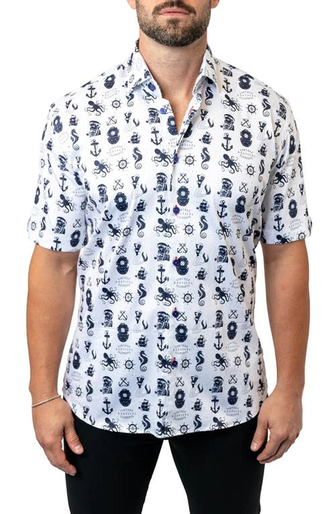 Maceoo Galileo Stretchnautical White Short Sleeve Performance Button-Up Shirt at Nordstrom,