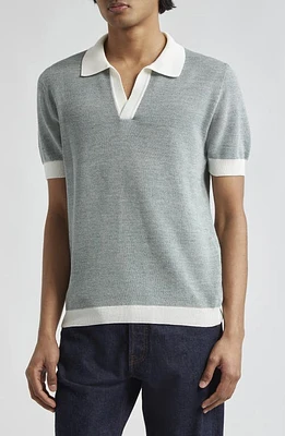 Thom Sweeney Aragon Contrast Trim Cotton & Linen Polo Sweater Mid Green at Nordstrom,