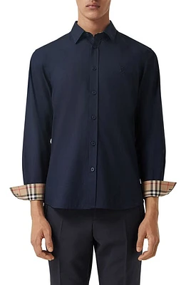 burberry Sherwood Monogram Motif Slim Fit Stretch Poplin Button-Up Shirt Navy at Nordstrom,