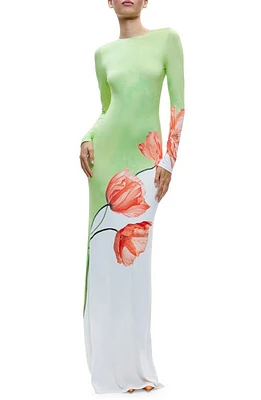 Alice + Olivia Delora Floral Long Sleeve Open Back Maxi Dress Dream Life Sharp Green at Nordstrom,