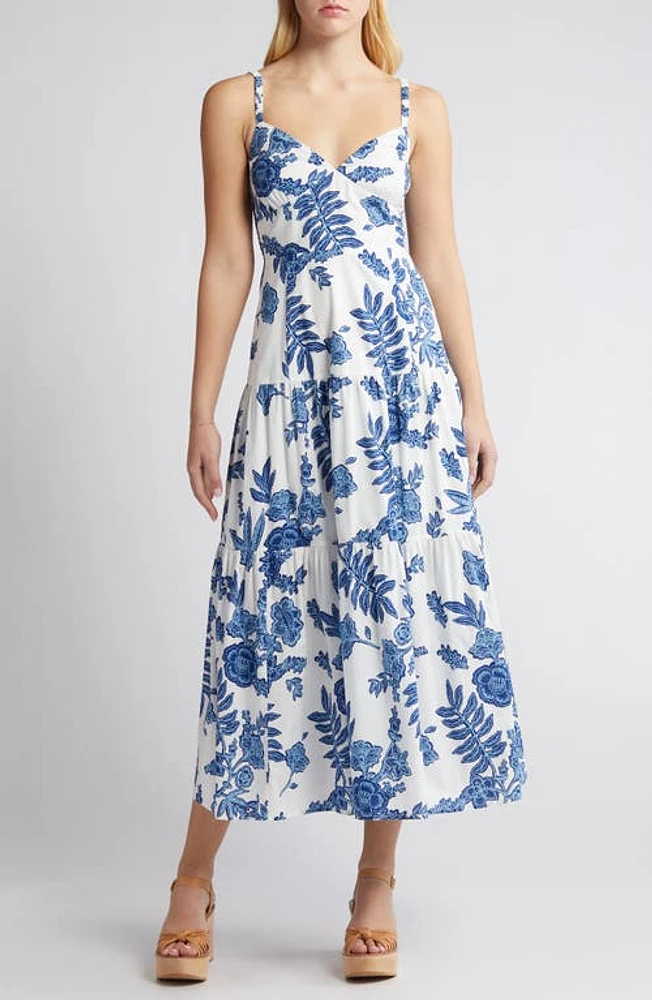 MOON RIVER Floral Tiered Cotton Midi Dress in Blue Multi at Nordstrom, Size Large