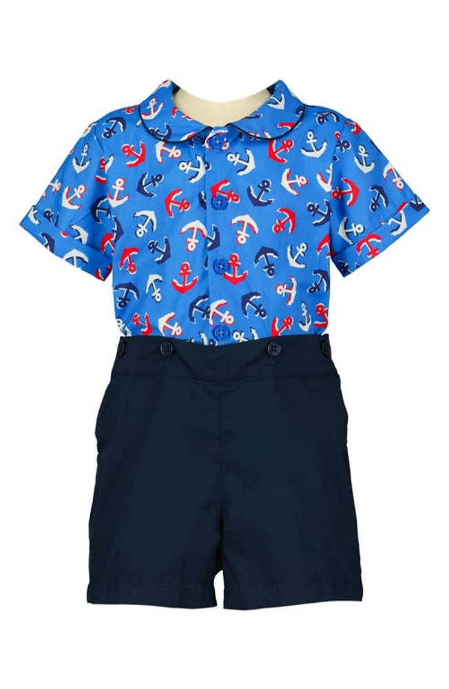 Rachel Riley Anchor Print Cotton Shirt & Shorts Set Blue at Nordstrom,