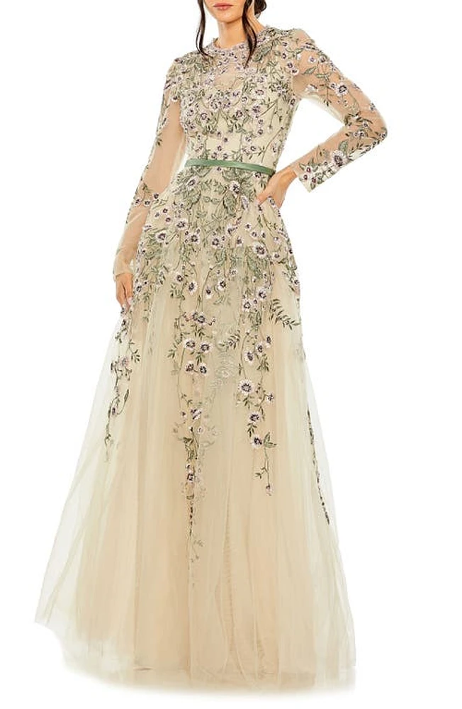 Mac Duggal Embellished Floral Long Sleeve Gown Sage Multi at Nordstrom,