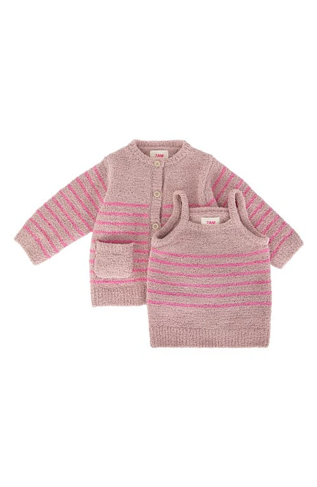 7 A. M. Enfant Stripe Chenille Recycled Polyester Tank Top & Cardigan Set in Ash Rose Vivid Pink at Nordstrom