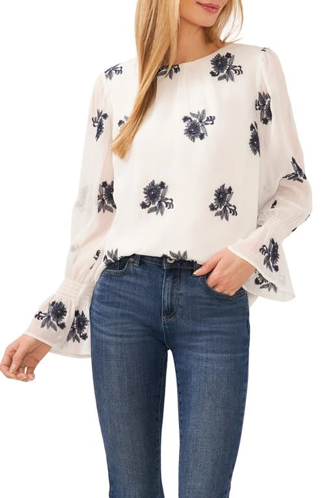 CeCe Floral Embroidered Ruffle Cuff Georgette Top in New Ivory at Nordstrom, Size Xx-Small