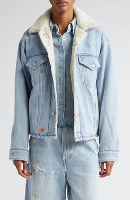 ERL x Levi's Gender Inclusive Distresssed High Pile Fleece Lined Denim Jacket Blue at Nordstrom,