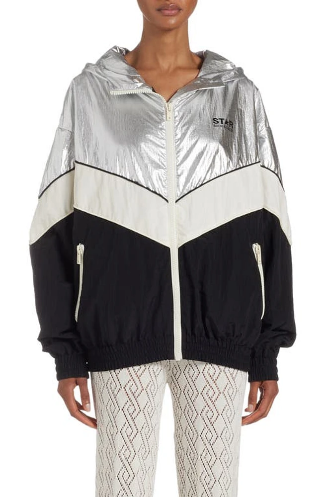 Golden Goose Patchwork Hoodie Windbreaker Silver/Dark Papyrus/Black at Nordstrom, Us