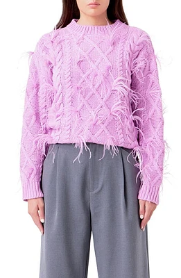 Endless Rose Feather Trim Cable Knit Sweater Lilac at Nordstrom,