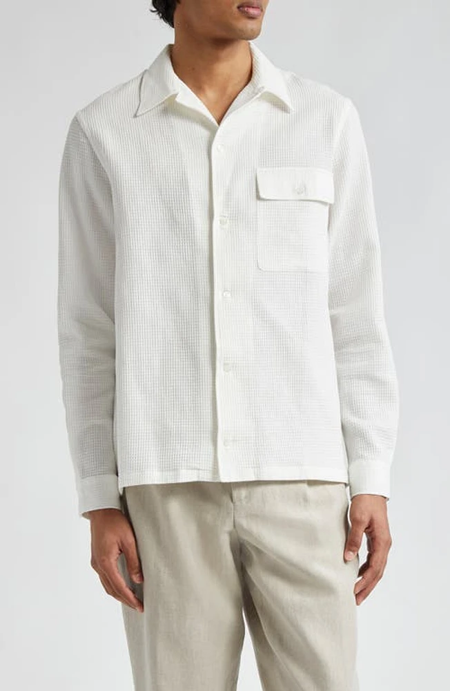 De Bonne Facture Long Sleeve Cotton & Linen Waffle Weave Camp Shirt Off White at Nordstrom,