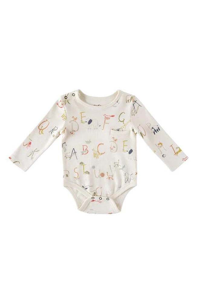 Pehr Alphabet Print Long Sleeve Organic Cotton Bodysuit in Beige at Nordstrom