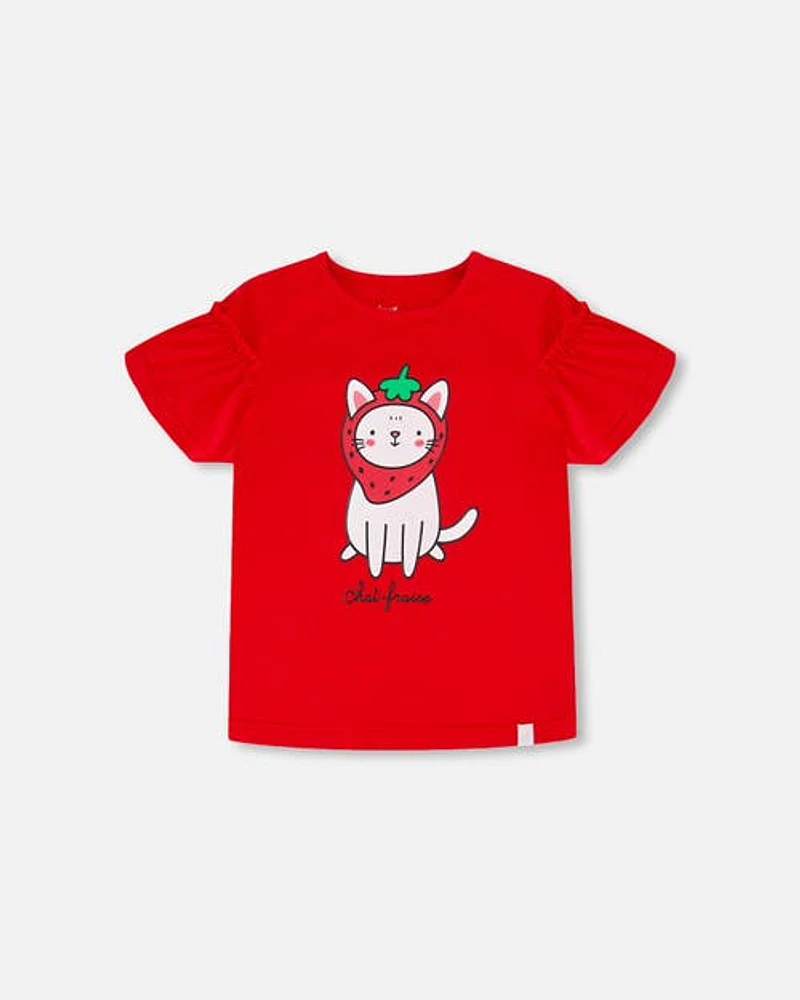 Deux Par Deux Little Girl's Organic Cotton Top With Flounce Sleeves True Red at Nordstrom