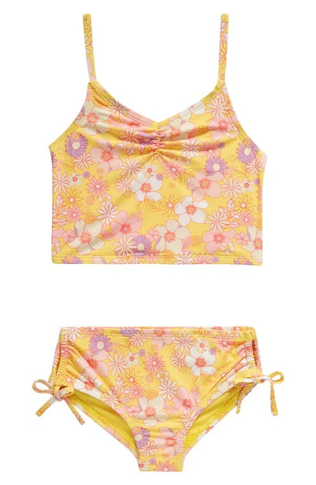 Miken Swim Kids' Floral Ruched Two-Piece Swimsuit Daffodil Yellow/Swim Pink at Nordstrom,