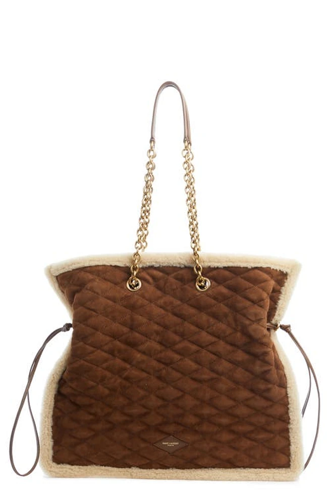 Saint Laurent Le Pochon Genuine Shearling Trim Shoulder Bag in Dark Cigar/Natural Beige at Nordstrom