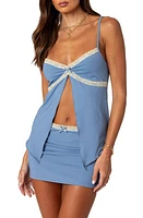 EDIKTED Sorely Lace Trim Split Front Camisole in Blue at Nordstrom, Size Small