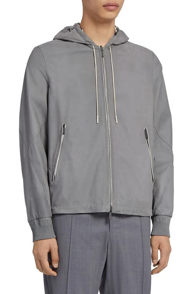 ZEGNA Reversible Calfskin Nappa & Technical Zip Hooded Jacket Dk Gry Sld at Nordstrom, Us