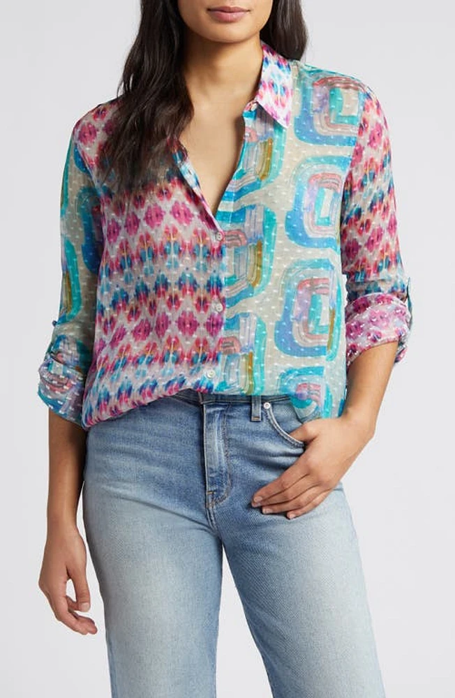 APNY Brushstroke Print Button-Up Shirt in Pink/Blue Multi at Nordstrom, Size Large