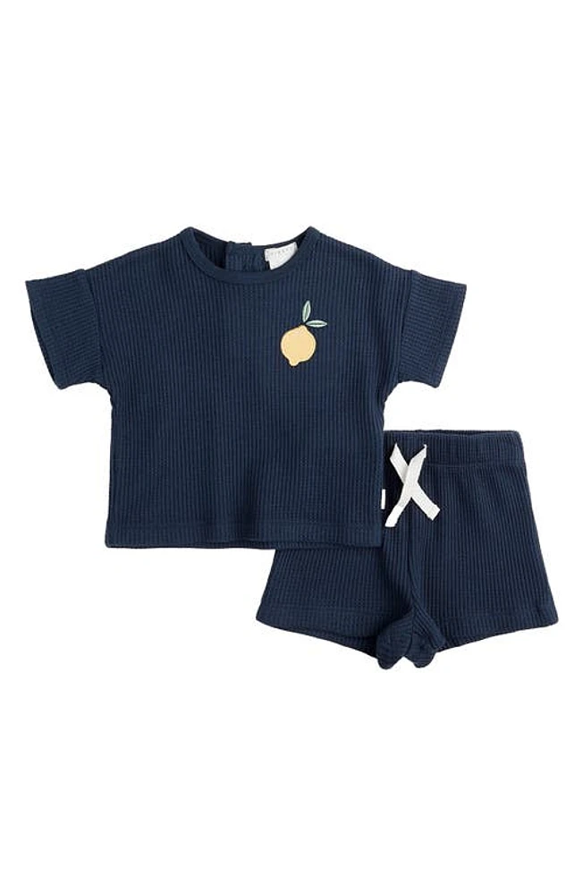 FIRSTS by Petit Lem Kids' Lemon Appliqué Thermal Knit T-Shirt & Shorts Set Navy at Nordstrom,