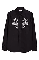 Alexander McQueen Floral Embroidered Cotton Button-Up Shirt Black at Nordstrom,