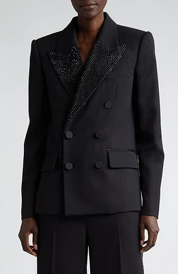 Area Crystal Embellished Double Breasted Stretch Wool Tuxedo Jacket Black at Nordstrom,