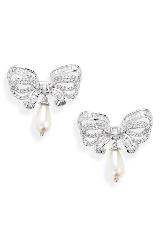 Judith Leiber Imitation Pearl Drop Pavé Bow Earrings in Gold/Clear at Nordstrom