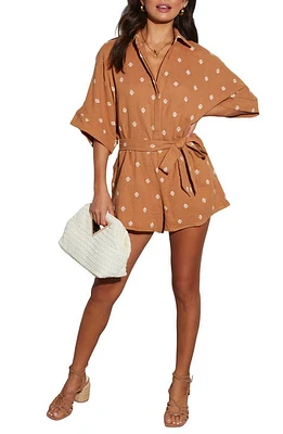 VICI Collection Fallon Tie Belt Seersucker Romper Camel at Nordstrom,