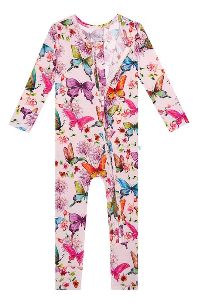 Posh Peanut Watercolor Butterfly Fitted Convertible Footie Pajamas Open Pink at Nordstrom,