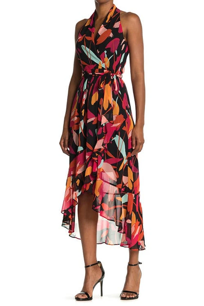 Julia Jordan Halter Neck Tie Waist High-Low Dress Blk Multi at Nordstrom,