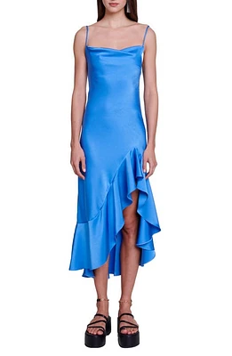 maje Rasmino Ruffle Hem Satin Slipdress Blue at Nordstrom,