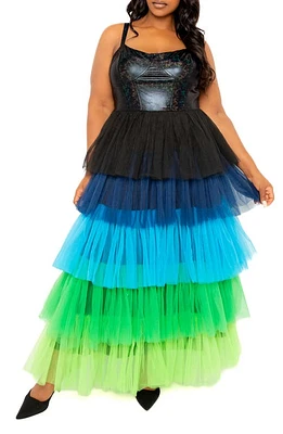 BUXOM COUTURE Colorful Tiered Faux Leather & Tulle Maxi Dress Blue Multi at Nordstrom, X