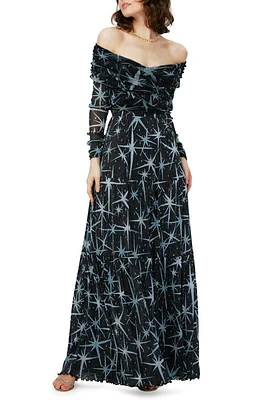 Diane von Furstenberg Stassi Print Off the Shoulder Long Sleeve Maxi Dress Magic Stars Blue at Nordstrom,