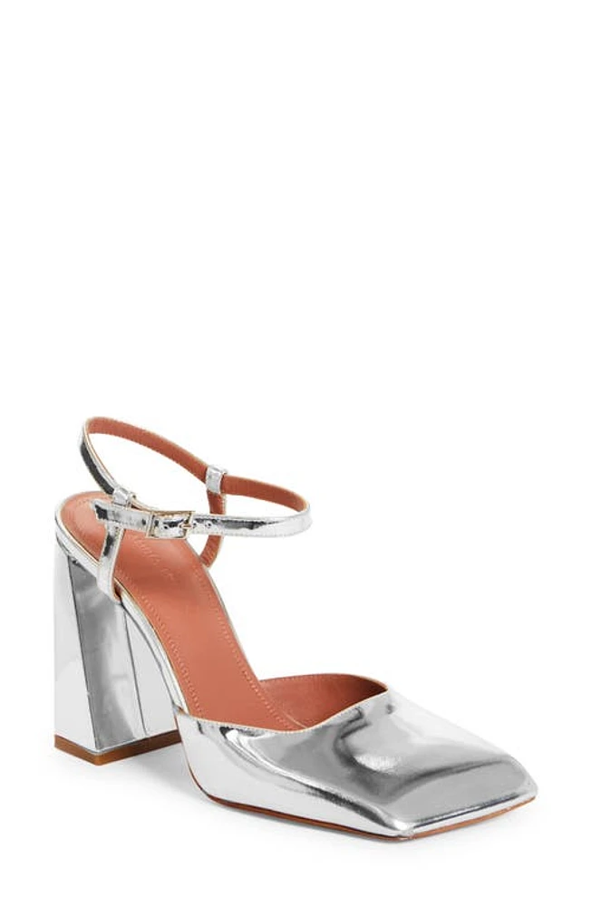 Amina Muaddi Block Heel Ankle Strap Sandal Mirror Silver at Nordstrom,