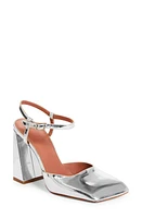 Amina Muaddi Block Heel Ankle Strap Sandal Mirror Silver at Nordstrom,