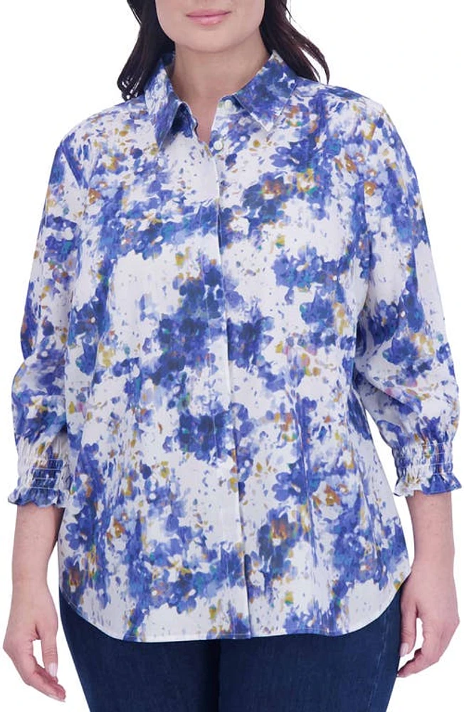 Foxcroft Olivia Abstract Floral Button-Up Shirt Blue Multi at Nordstrom