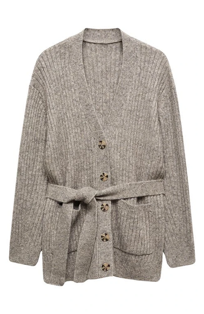 MANGO Tie Waist Button Front Cardigan Grey at Nordstrom,