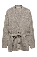 MANGO Tie Waist Button Front Cardigan Grey at Nordstrom,