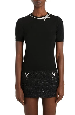 Valentino Garavani Crystal Bow Short Sleeve Virgin Wool Crewneck Sweater Nero/Silver at Nordstrom,