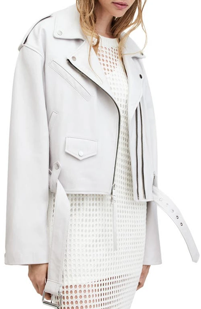 AllSaints Dayle Oversize Crop Leather Biker Jacket Optic White at Nordstrom,