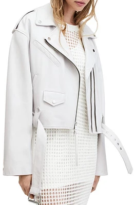 AllSaints Dayle Oversize Crop Leather Biker Jacket Optic White at Nordstrom,