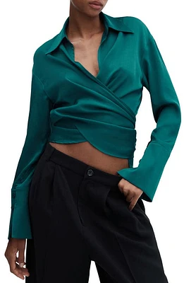 MANGO Long Sleeve Wrap Top in Dark Green at Nordstrom, Size 4