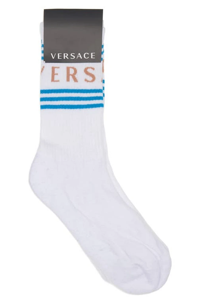 Versace Jacquard Logo Cotton Blend Crew Socks White Desden Blue Sand at Nordstrom,