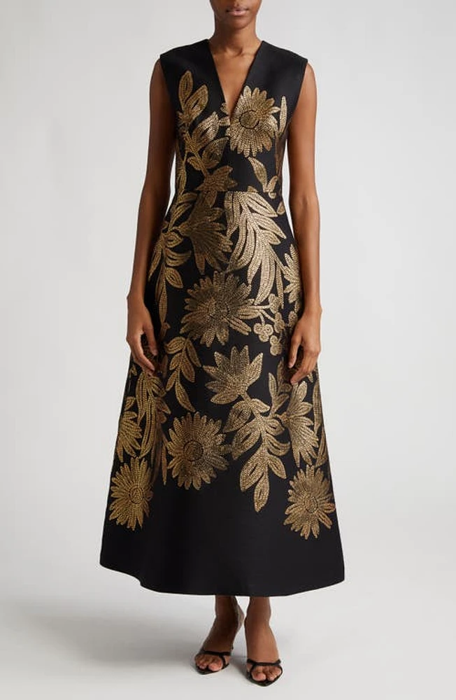 Lela Rose Blair Metallic Embroidered Floral Gown in Black at Nordstrom, Size 16