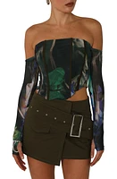 BY. DYLN Cleo Abstract Print Long Sleeve Mesh Corset in Green Print at Nordstrom, Size X-Small