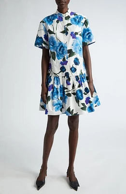 Erdem Brushed Floral Drop Waist Mini Shirtdress White Blue at Nordstrom, Us