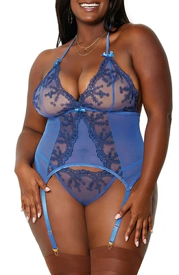 Dreamgirl Lace Trim Mesh Basque with Garter Straps and G-String Thong in Periwinkle at Nordstrom